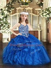 Cheap Blue Ball Gowns Beading and Ruffles Little Girls Pageant Gowns Lace Up Organza Sleeveless Floor Length