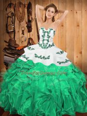 Turquoise Satin and Organza Lace Up Sweet 16 Dresses Sleeveless Floor Length Embroidery and Ruffles