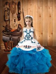 Baby Blue Sleeveless Embroidery and Ruffles Floor Length Little Girl Pageant Dress