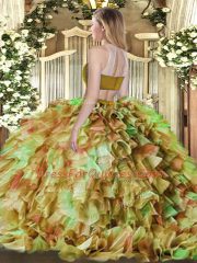 Low Price Multi-color Tulle Backless High-neck Sleeveless Floor Length Vestidos de Quinceanera Beading and Ruffles