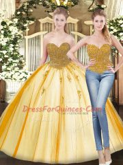 Sleeveless Floor Length Beading and Appliques Lace Up 15th Birthday Dress with Gold