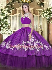 High End Floor Length Two Pieces Sleeveless Purple Vestidos de Quinceanera Backless