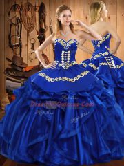 Custom Design Organza Sweetheart Sleeveless Lace Up Embroidery and Ruffles 15th Birthday Dress in Royal Blue