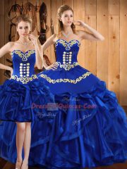 Custom Design Organza Sweetheart Sleeveless Lace Up Embroidery and Ruffles 15th Birthday Dress in Royal Blue