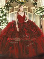 Luxury V-neck Sleeveless Sweet 16 Dress Floor Length Beading and Lace and Ruffles Wine Red Organza
