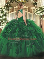 Luxury V-neck Sleeveless Sweet 16 Dress Floor Length Beading and Lace and Ruffles Wine Red Organza