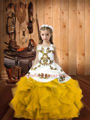 Organza Sleeveless Floor Length Child Pageant Dress and Embroidery and Ruffles