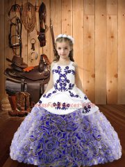 Simple Multi-color Fabric With Rolling Flowers Lace Up Straps Sleeveless Floor Length Girls Pageant Dresses Embroidery and Ruffles