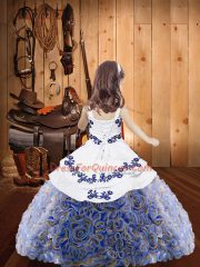 Simple Multi-color Fabric With Rolling Flowers Lace Up Straps Sleeveless Floor Length Girls Pageant Dresses Embroidery and Ruffles