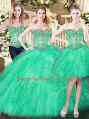 Pretty Floor Length Three Pieces Sleeveless Green Ball Gown Prom Dress Lace Up