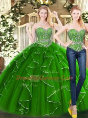 Discount Green Organza Lace Up Quinceanera Gown Sleeveless Floor Length Beading and Ruffles