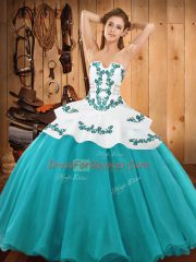 Hot Sale Teal Ball Gowns Satin and Organza Strapless Sleeveless Embroidery Floor Length Lace Up Sweet 16 Dresses