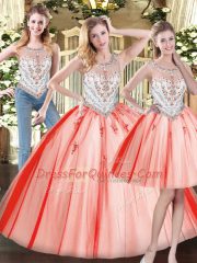 Floor Length Red Quinceanera Gowns Tulle Sleeveless Beading