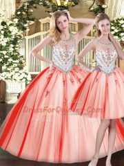 Floor Length Red Quinceanera Gowns Tulle Sleeveless Beading
