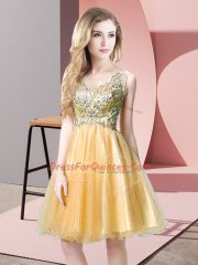 Gold Tulle Zipper Prom Dresses Sleeveless Knee Length Beading