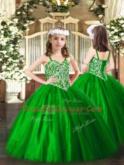 Top Selling Green Tulle Lace Up Straps Sleeveless Floor Length Little Girl Pageant Dress Beading