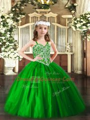 Top Selling Green Tulle Lace Up Straps Sleeveless Floor Length Little Girl Pageant Dress Beading