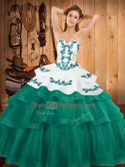 Elegant Turquoise Ball Gowns Embroidery and Ruffled Layers Sweet 16 Quinceanera Dress Lace Up Tulle Sleeveless