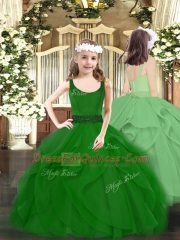 Graceful Sleeveless Floor Length Beading and Ruffles Zipper Little Girl Pageant Gowns with Dark Green