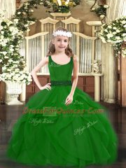 Graceful Sleeveless Floor Length Beading and Ruffles Zipper Little Girl Pageant Gowns with Dark Green