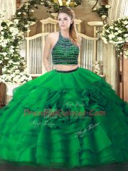 Colorful Sleeveless Tulle Floor Length Zipper Quinceanera Dress in Green with Beading and Ruffled Layers