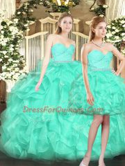 Turquoise Ball Gowns Sweetheart Sleeveless Tulle Floor Length Lace Up Ruffles Quinceanera Dresses