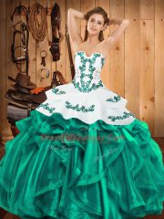 Satin and Organza Strapless Sleeveless Lace Up Embroidery and Ruffles Quinceanera Dresses in Turquoise