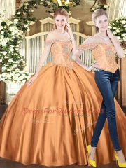 Fancy Floor Length Brown Quinceanera Gown Off The Shoulder Sleeveless Lace Up