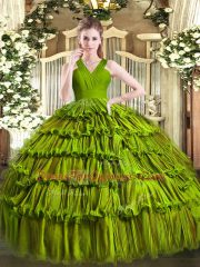 Olive Green 15th Birthday Dress Military Ball and Sweet 16 and Quinceanera with Ruffled Layers V-neck Sleeveless Zipper
