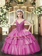 Latest Fuchsia V-neck Lace Up Beading and Ruffled Layers Child Pageant Dress Sleeveless