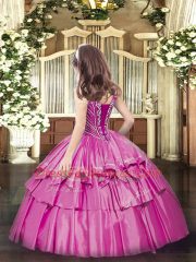 Latest Fuchsia V-neck Lace Up Beading and Ruffled Layers Child Pageant Dress Sleeveless