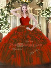 Ball Gowns Sweet 16 Dress Wine Red V-neck Organza Sleeveless Floor Length Zipper