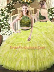 Fine Floor Length Yellow Green Quinceanera Dress Halter Top Sleeveless Zipper