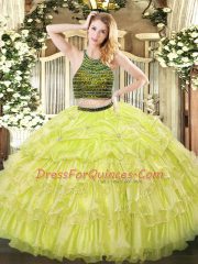 Fine Floor Length Yellow Green Quinceanera Dress Halter Top Sleeveless Zipper
