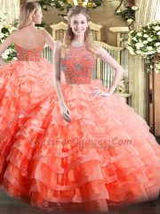Fashionable Floor Length Orange Red Quinceanera Gowns Halter Top Sleeveless Zipper