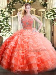 Fashionable Floor Length Orange Red Quinceanera Gowns Halter Top Sleeveless Zipper