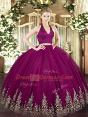 Fuchsia Tulle Zipper Halter Top Sleeveless Floor Length Quince Ball Gowns Appliques