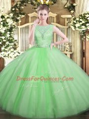 Fashionable Floor Length Backless Sweet 16 Dress Apple Green for Military Ball and Sweet 16 and Quinceanera with Lace