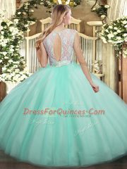 Fashionable Floor Length Backless Sweet 16 Dress Apple Green for Military Ball and Sweet 16 and Quinceanera with Lace