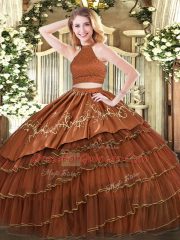 Pretty Brown Sleeveless Beading and Embroidery and Ruffled Layers Floor Length Sweet 16 Dresses