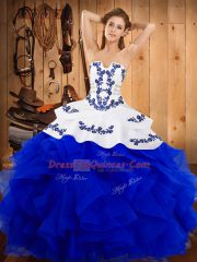 Strapless Sleeveless Satin and Organza Quinceanera Gowns Embroidery and Ruffles Lace Up