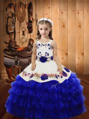 Affordable Royal Blue Straps Lace Up Embroidery and Ruffled Layers Child Pageant Dress Sleeveless