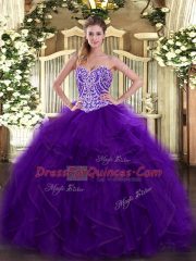 Floor Length Lace Up Quinceanera Dresses Purple for Military Ball and Sweet 16 and Quinceanera with Beading and Ruffles