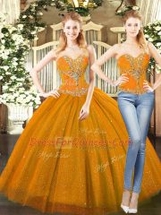 Elegant Orange Red Tulle Lace Up Sweetheart Sleeveless Floor Length Ball Gown Prom Dress Beading