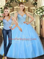Pretty Baby Blue Tulle Lace Up Straps Sleeveless Floor Length Quinceanera Gown Beading