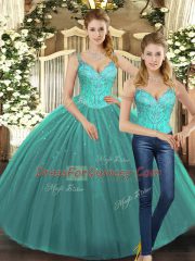 Customized Straps Sleeveless Tulle Quinceanera Gowns Beading Lace Up