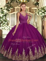 Fancy Sleeveless Tulle Floor Length Backless Quince Ball Gowns in Purple with Beading and Appliques