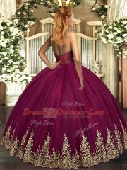Fancy Sleeveless Tulle Floor Length Backless Quince Ball Gowns in Purple with Beading and Appliques