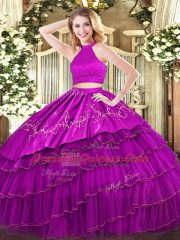 Fuchsia Organza Backless Halter Top Sleeveless Floor Length Quinceanera Dress Beading and Embroidery and Ruffled Layers