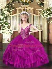 Fuchsia Kids Formal Wear Party and Quinceanera with Beading and Ruffles V-neck Sleeveless Lace Up